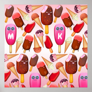 Poster Cute Ice Crème Cone Popsicle Monogramme Sucres