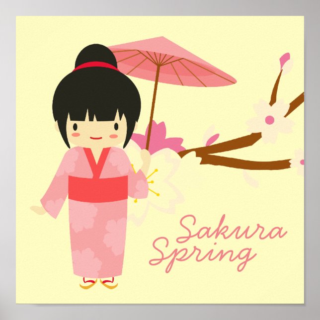 Poster Cute japonaise rose cerise Blossom Geisha (Devant)