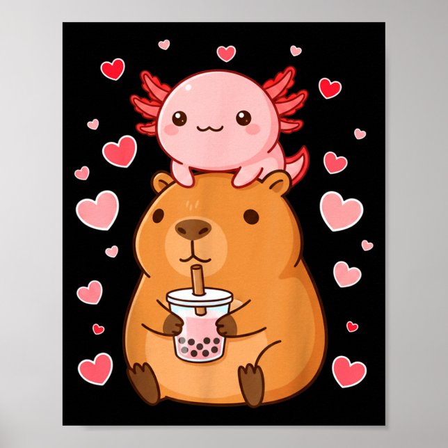 Poster Cute Kawaii Axolotl Capybara Bubble Tea Boys Girls (Devant)
