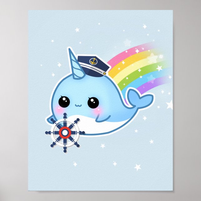 Poster Cute kawaii capitaine narval avec arc-en-ciel (Devant)