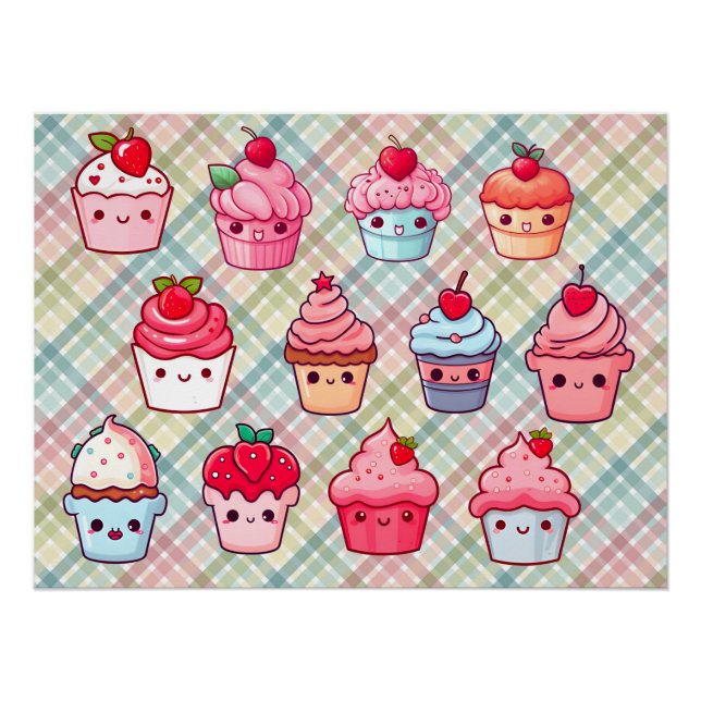 Poster Cute kawaii cupcake nourriture muffin (Devant)