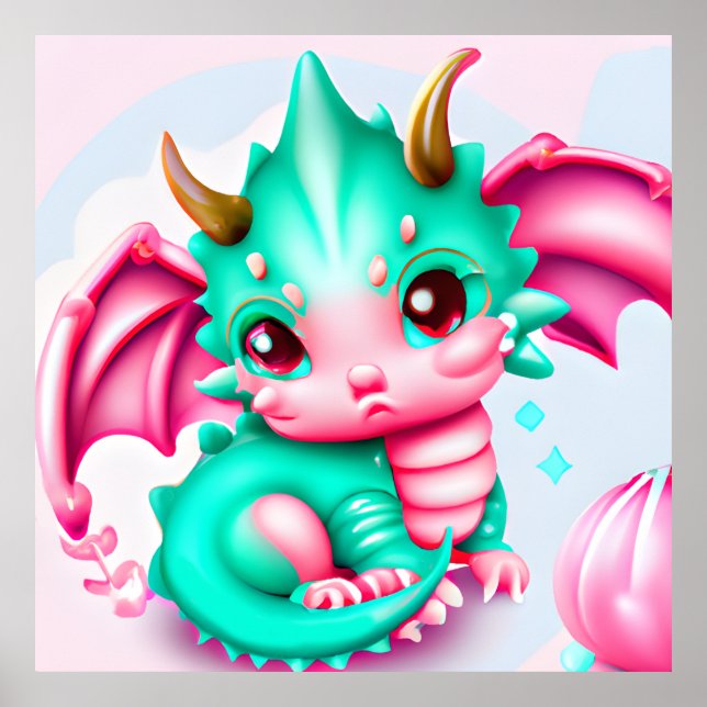 Poster Cute Kawaii Dragon de bébé Turquoise et rose (Devant)