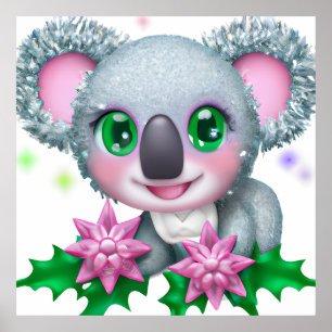 Poster Cute Kawaii Koala Ours avec Fleurs