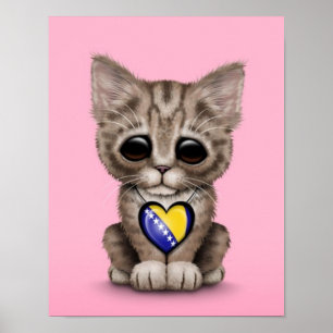 Poster Cute Kitten avec Coeur de Bosnie-Herzégovine, rose