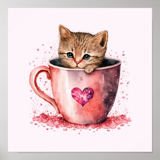 Poster Cute Kitten dans un Teacup avec les coeurs (Devant)