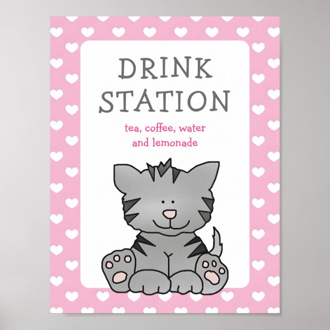 Poster Cute Kitten et Hearts Boisson Station Baby shower (Devant)