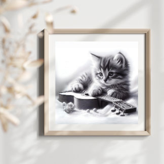 Poster Cute Kitten Guitare acoustique et crayon blanc