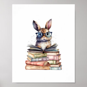 Poster Cute Lecture Bunny Avec Lunettes Livres Vêtements