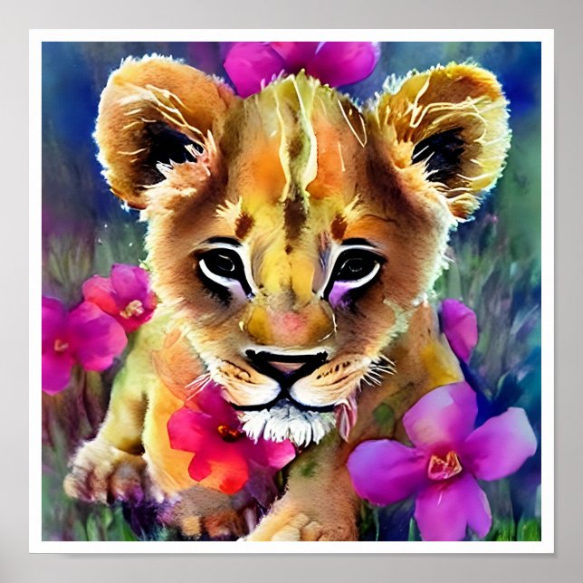 Poster Cute Lion Cub Entouré de Fleurs (Devant)