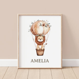 Poster Cute Lion Hot Air Balloon Boho Baby Nursery Mur