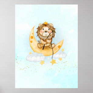 Poster Cute Lion Pêche sur l'aquarelle de la lune
