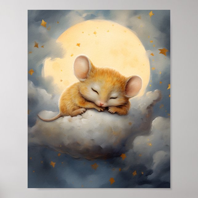 Poster Cute Little Mouse dormir sur un nuage (Devant)