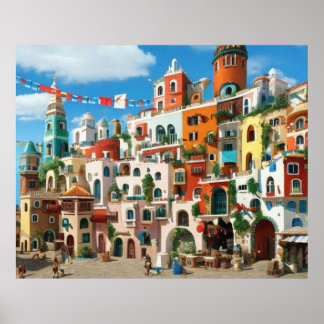 Poster Cute Little Ville touristique imaginaire de montag