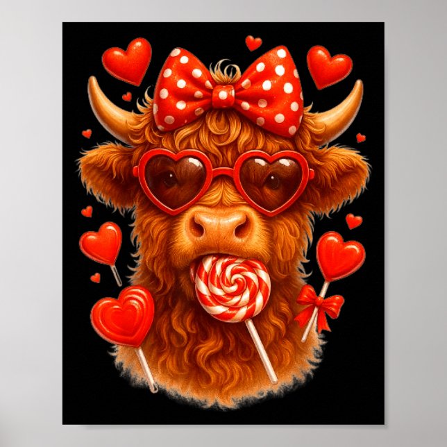 Poster Cute Lollip Highland Cow Valentine's Day Red Heart (Devant)