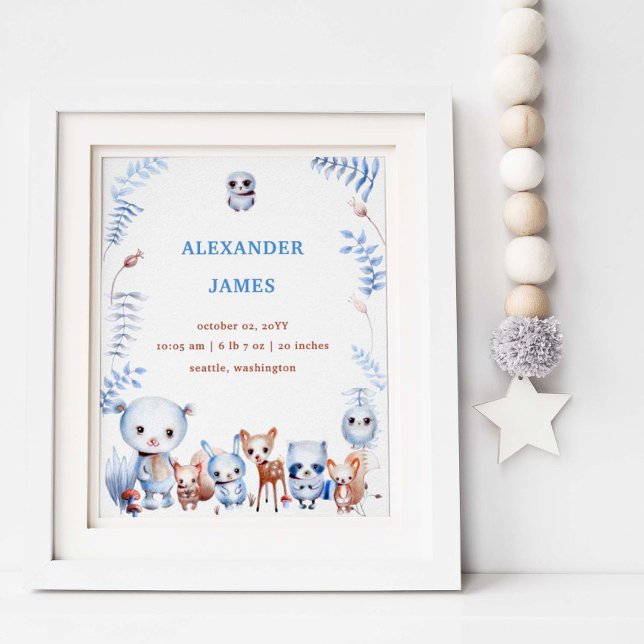 Poster Cute Magique Bois Animaux Birth Stats Garçon Bébé (Créateur téléchargé)