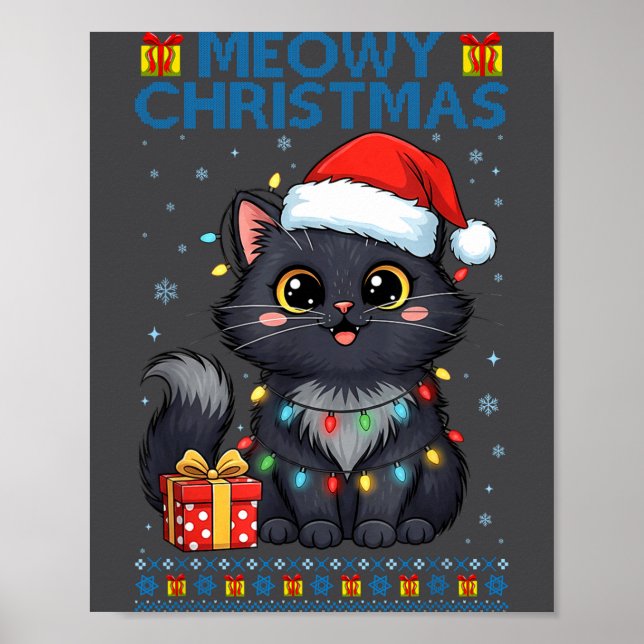 Poster Cute Meowy Christmas Cat – Kawaii Holiday Kitty Te (Devant)