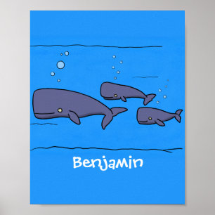 Poster Cute migrating cartoon whales illustration