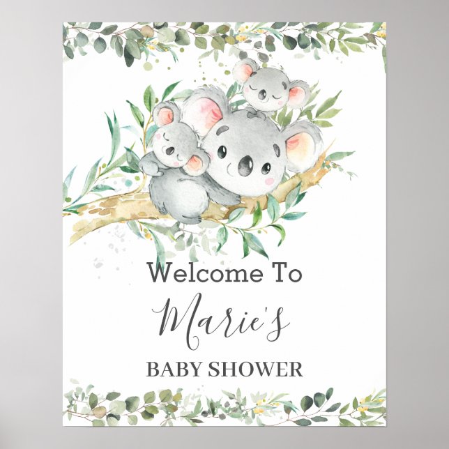 Poster Cute Mom Koala Twins Verdure Baby shower neutre (Devant)