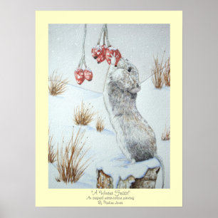 Poster Cute mouse and red berries snow scene wildlife art
