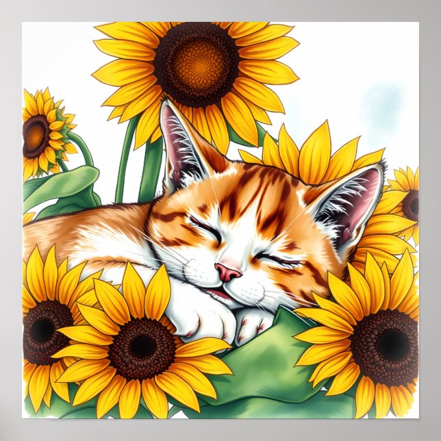 Poster Cute Napping Kitten and Sunflowers (Devant)