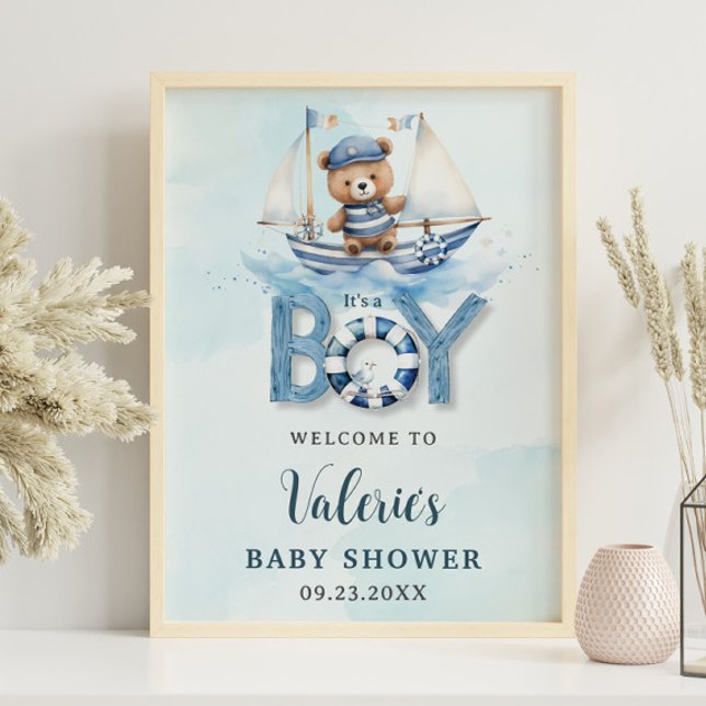 Poster Cute Nautical Blue Boat Teddy Bear Boat Baby showe (Créateur téléchargé)