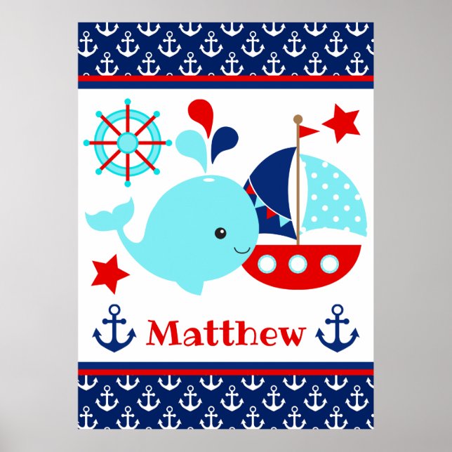 Poster Cute Nautical Blue Whale et Ancres Motif (Devant)