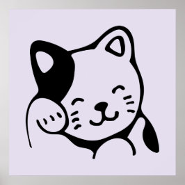 Poster Cute noir et blanc Kitty Chat Waving Bonjour