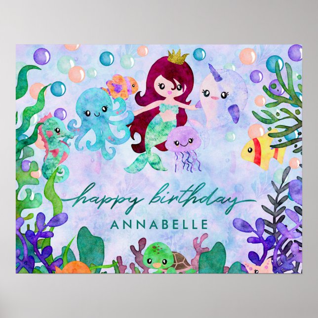 Poster Cute Ocean Animals Mermaid Thème Joyeux Anniversai (Devant)