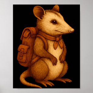 Poster Cute opossum randonneur camping forêt