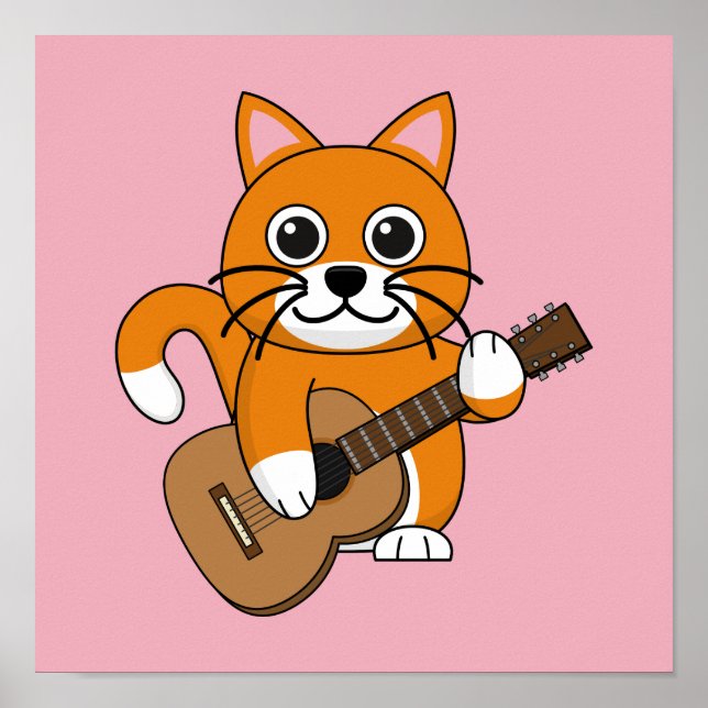 Poster Cute Orange Chat Blanc Jouer Caricature Guitare (Devant)