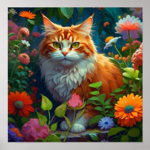Poster Cute Orange Chat en Fleurs