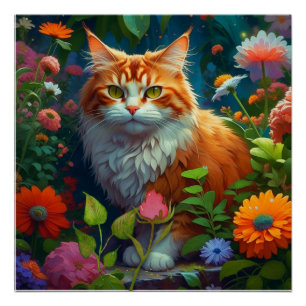 Poster Cute Orange Chat en Fleurs