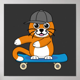 Poster Cute Orange Chat sur Skateboard Cartoon