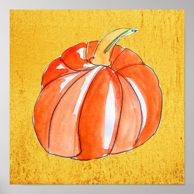 Poster Cute orange citrouille doré d'automne cuisine art (Devant)