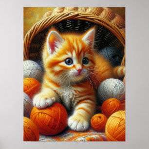 Poster Cute Orange et Kitten blanc Jouer en Fil