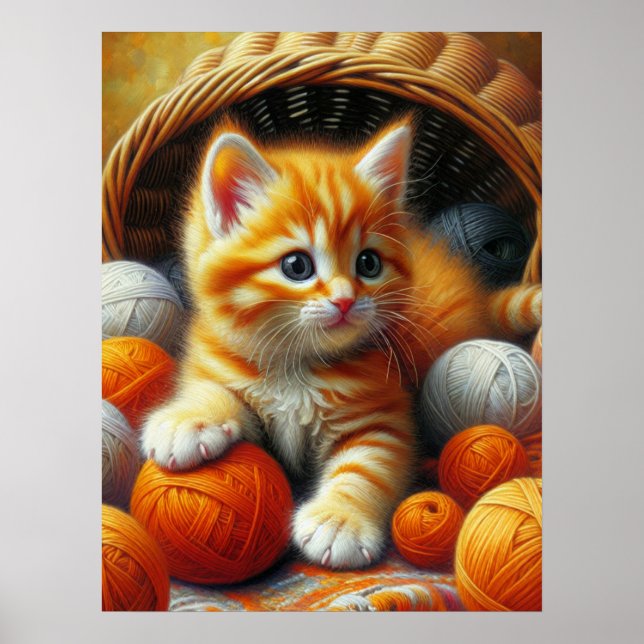 Poster Cute Orange et Kitten blanc Jouer en Fil (Devant)