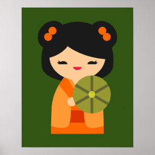 Poster Cute orange Kokeshi poupées japonaises