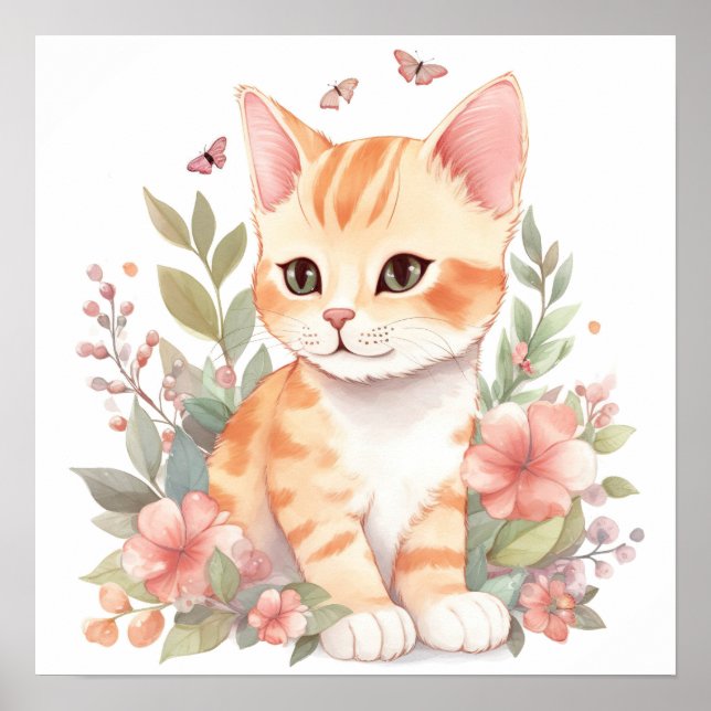Poster Cute orange Tabby Kitty avec Fleurs Aquarelle (Devant)