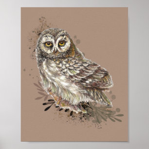 Poster Cute Owl, Watercolor Bird Nature Taupe