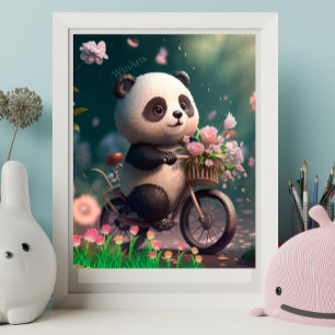 Poster Cute Panda à vélo avec fleurs Art