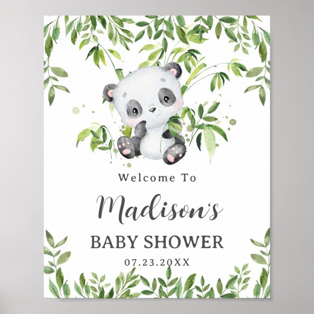 Poster Cute Panda Bear Cub Baby shower de verdure Bienven (Devant)