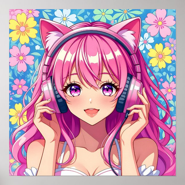 Poster Cute Pink Anime Girl with Headphones (Devant)