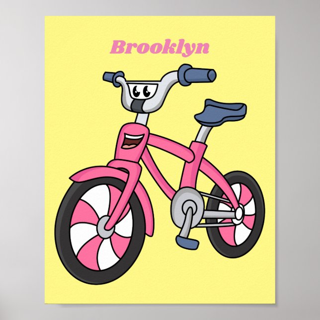 Poster Cute pink kids bicycle cartoon illustration (Devant)