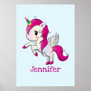 Poster Cute Pink Unicorn with Wings