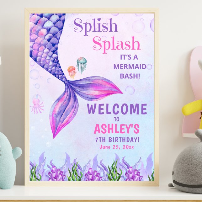 Poster Cute Purple Mermaid Tail, Girl's Birthday Party (Créateur téléchargé)