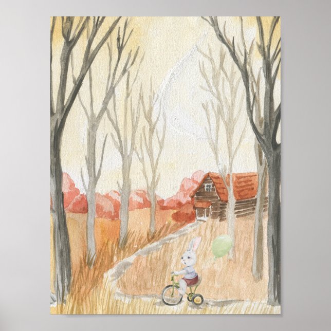 Poster Cute Rabbit on A Bike With A Balloon Nursery (Devant)
