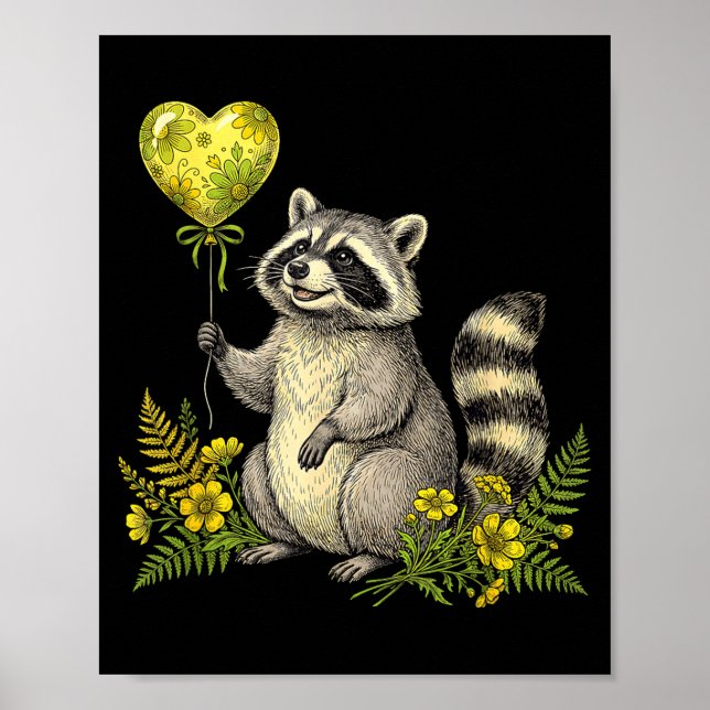 Poster Cute Raccoon Balloon Heart Flowers Sweet Raccoon L (Devant)