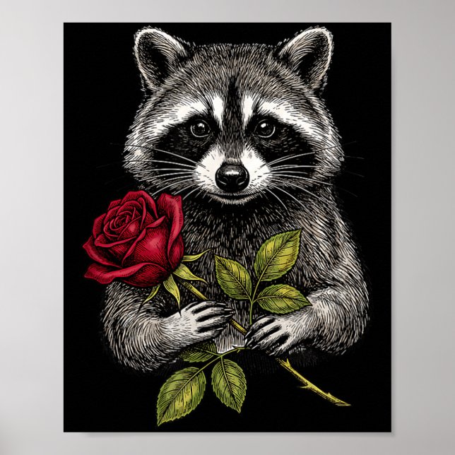 Poster Cute Raccoon Holding A Red Rose Sweet Raccoon Love (Devant)
