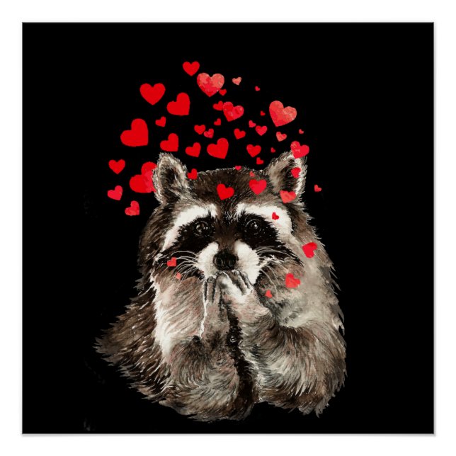Poster Cute Raccoon soufflant Baisers Amour Amoureux Coeu (Devant)
