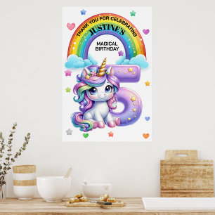 Poster Cute Rainbow et Unicorn 5e fête d'anniversaire